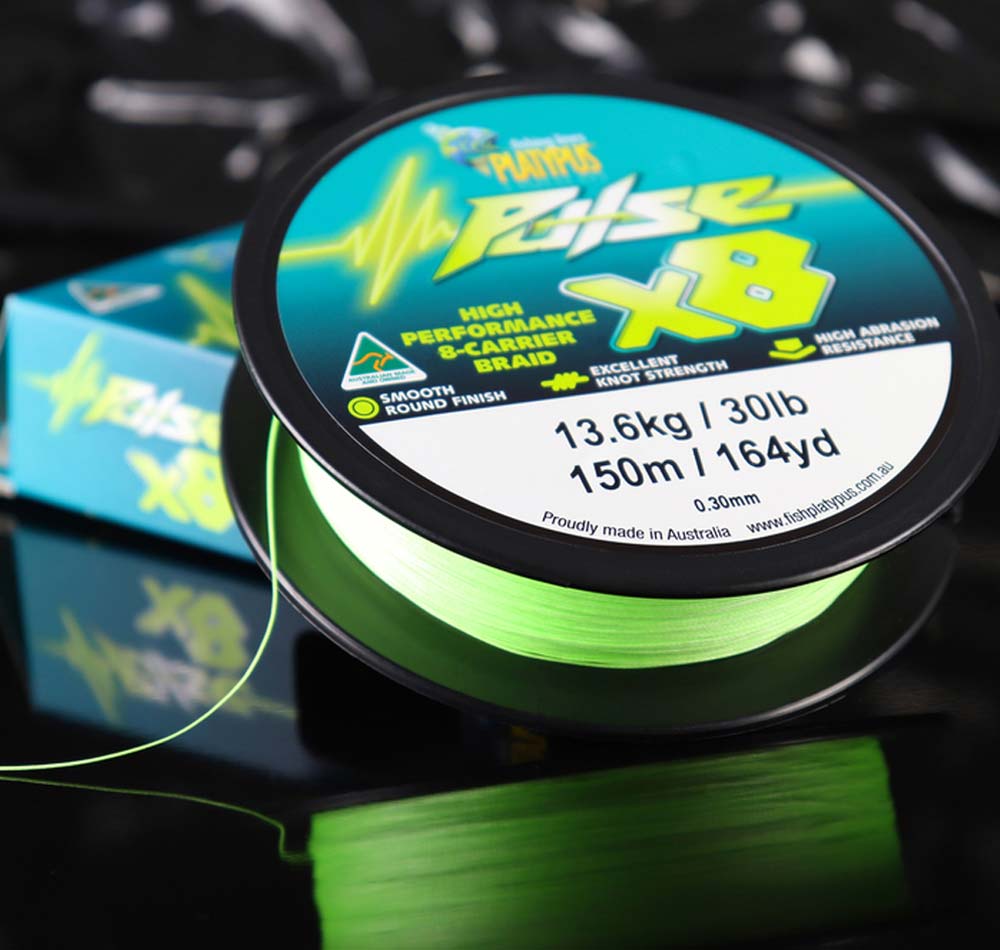 Platypus Pulse X8 Braid 150m Spool Sitting On Its Box