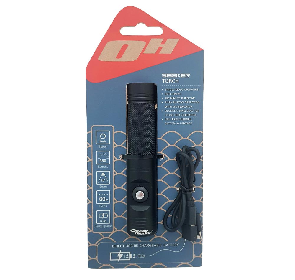 Ocean Hunter Seeker Dive Torch packaging and charger